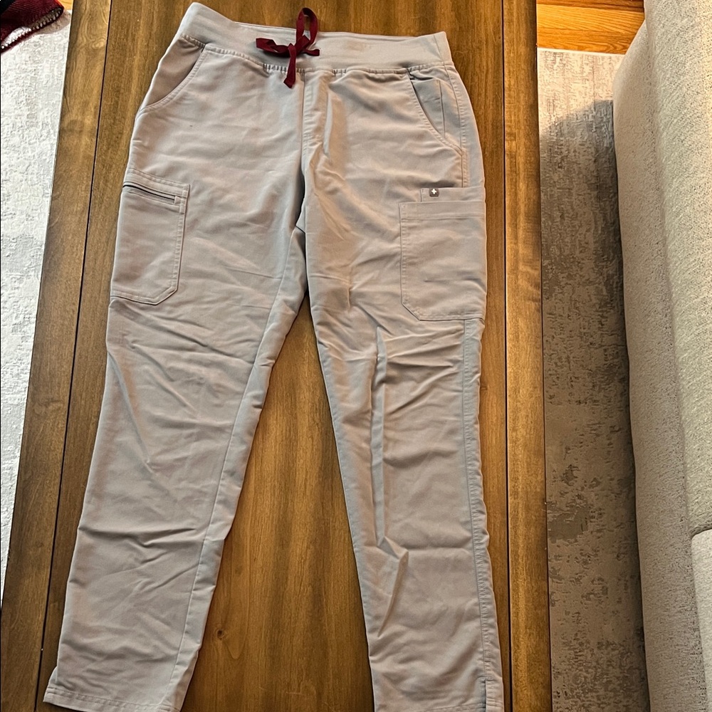 Figs Women's Cargo Pants in Gray with Burgundy Accents